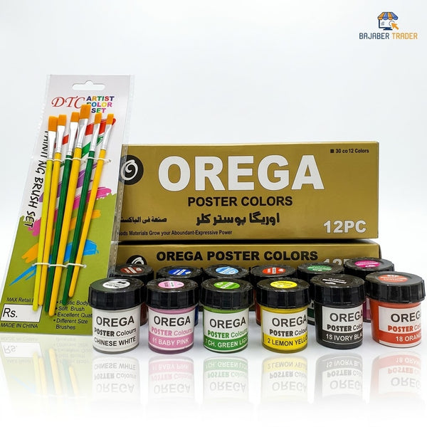 12 Orega Poster Color With 6 Piece Imported Paint Brush Set 12 different shades 50ml Each bottles Orega Colors
