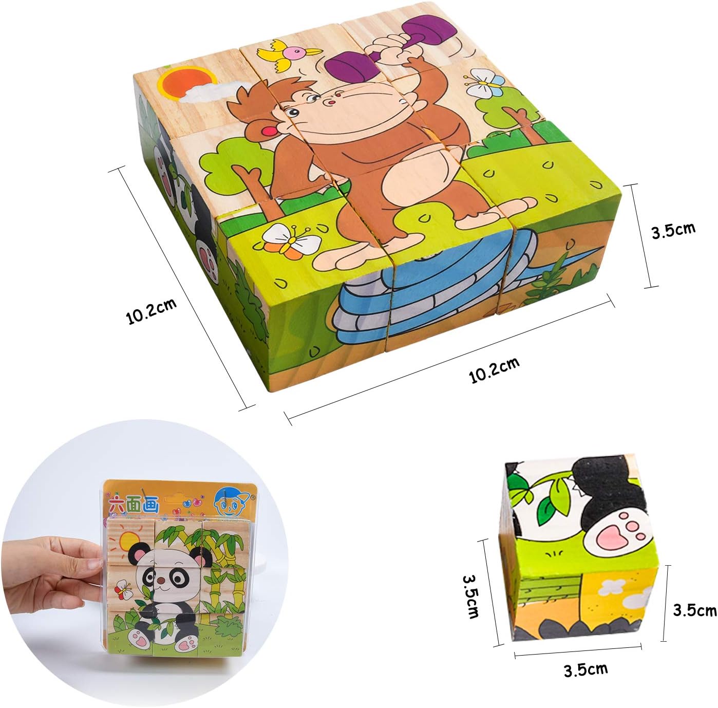 6 Sided Jungle Animals 3D Cubical Wooden Puzzle For Toddler Kids Children