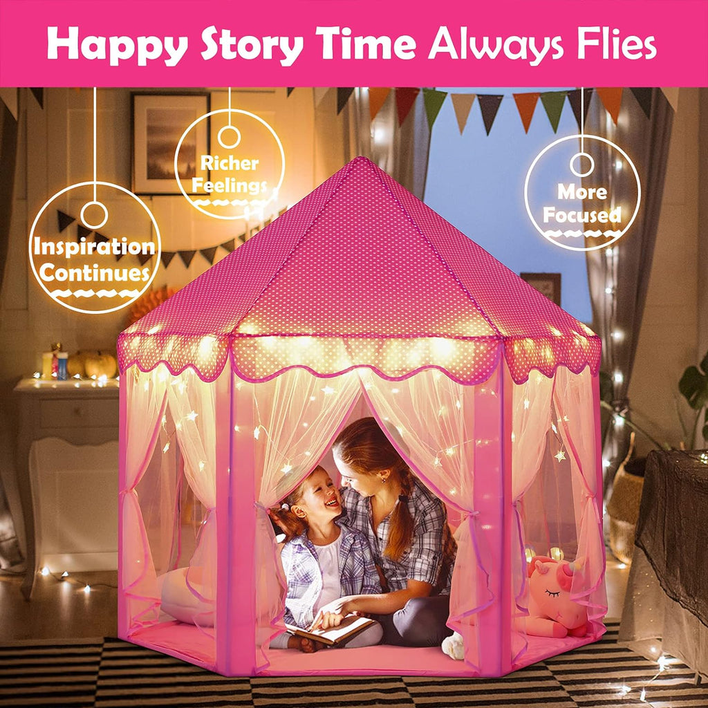 Princess Castle Tent For Girls Fairy Play Tents for Kids Hexagon Playhouse Toys For Children Girl Gifts Indoor & Outdoor 55"x 53"(Pink )