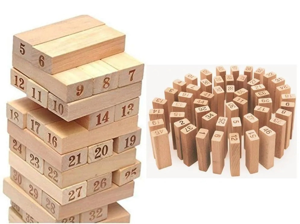 54pcs Jenga Number Wooden Stacking Tower Game for Kids & Adults Stack High Wooden Game With 4 Dice