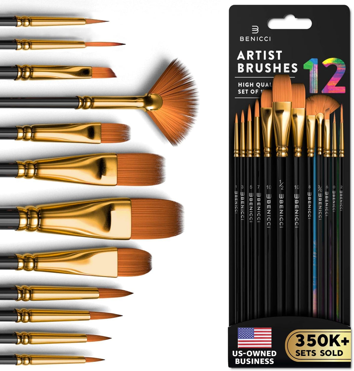 Professional 12pcs Multi Shapes Artist Paint Brush Set Watercolors Acrylic Oil Painting Supply Nylon Hair for All Purpose Artist Professional Kits