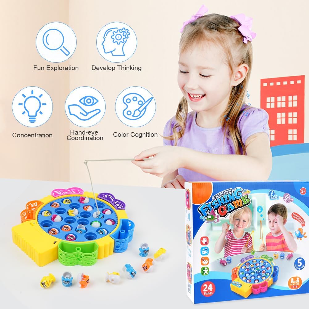 Fishing Game Toy Set with Rotating Board with Music Toys, Fish Game Toy with 15 Pcs  24 Pcs  45 Pcs Fishing Rods Toy Musical Montessori Educational Learning Toys for Boys Girls Children Toddlers
