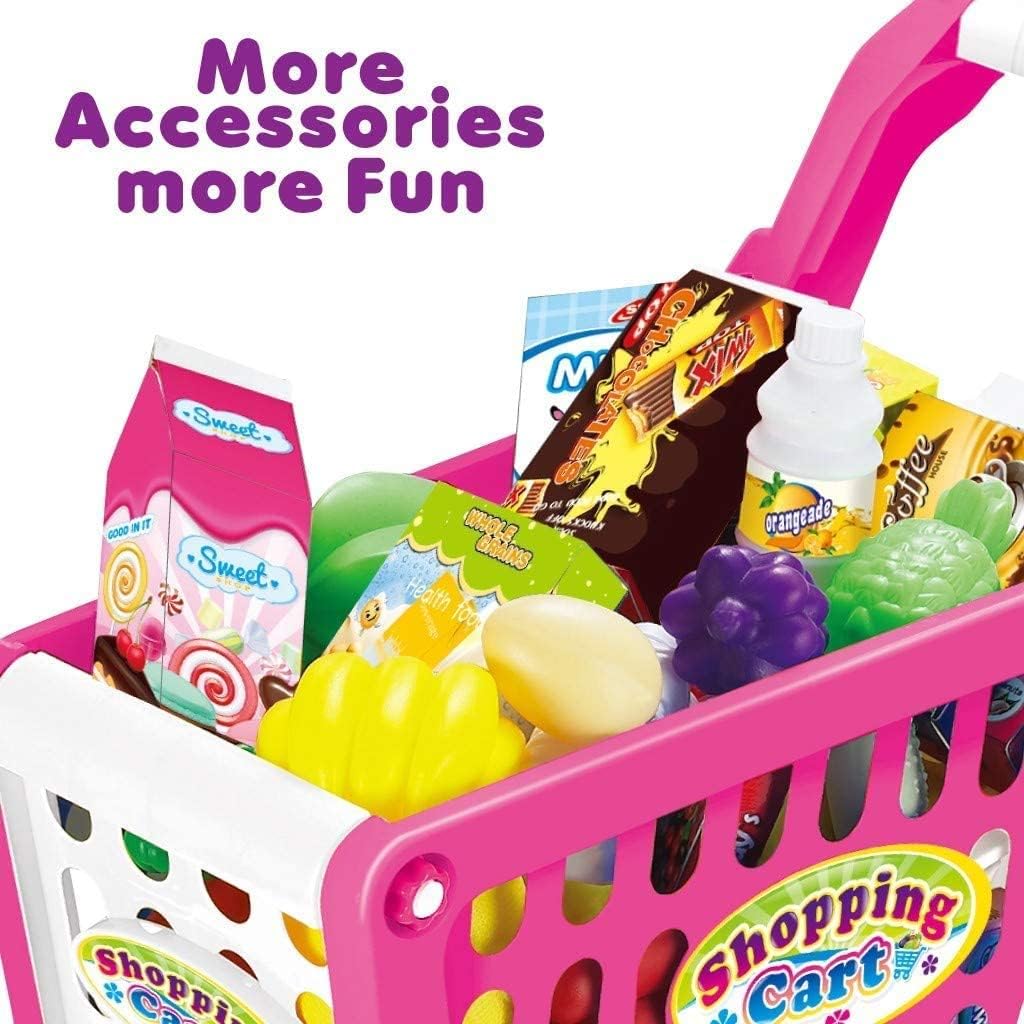Kids Shopping Cart Trolley Toy Supermarket Playset Cart with Food Fruit Vegetables, Shopping Cards - Pretend to Play Role Play Educational Toy For Kids