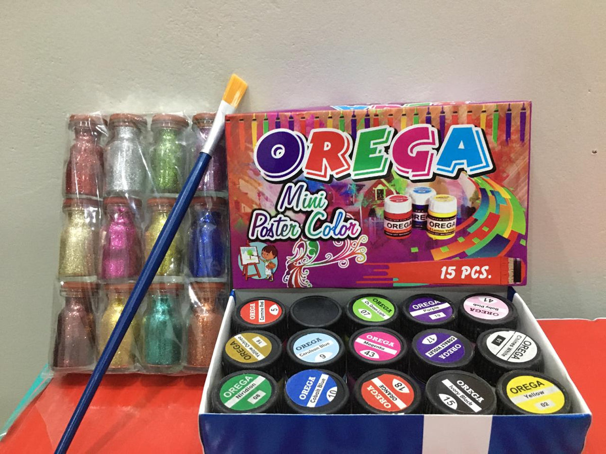 15 Orega Poster Color 12 Pcs Glitter Set  1 Paint Brush  15 different shades 15ml Each bottles Orega Colors Stationary Item For Girls