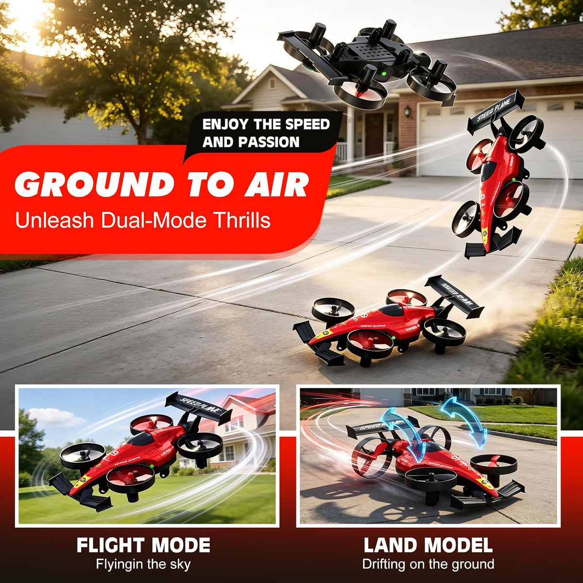 2in1 RC Flying Car for Kids Ages 6-12, Land And Air Modes Features 360°Flips, Altitude Hold, LED Lights, Indoor Outdoor Play, for Boys Girls 8-14 Year Olds