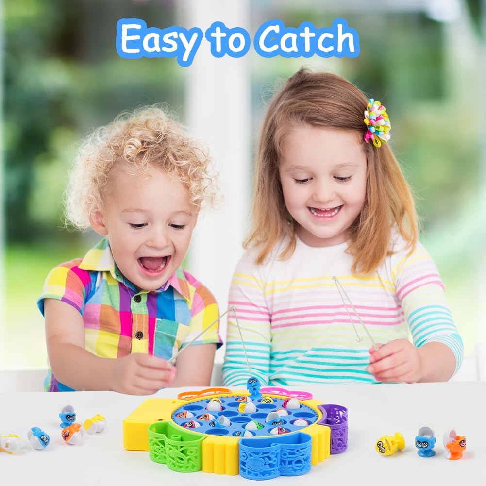 Fishing Game Toy Set with Rotating Board with Music Toys, Fish Game Toy with 15 Pcs  24 Pcs  45 Pcs Fishing Rods Toy Musical Montessori Educational Learning Toys for Boys Girls Children Toddlers