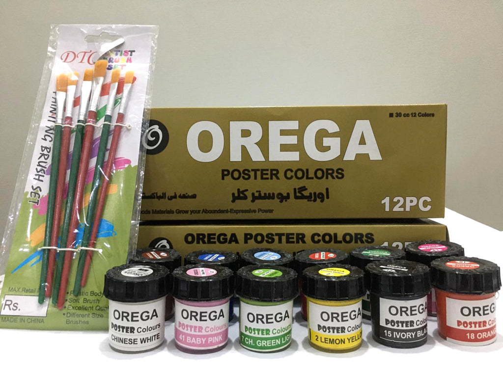 12 Orega Poster Color With 6 Piece Imported Paint Brush Set 12 different shades 50ml Each bottles Orega Colors