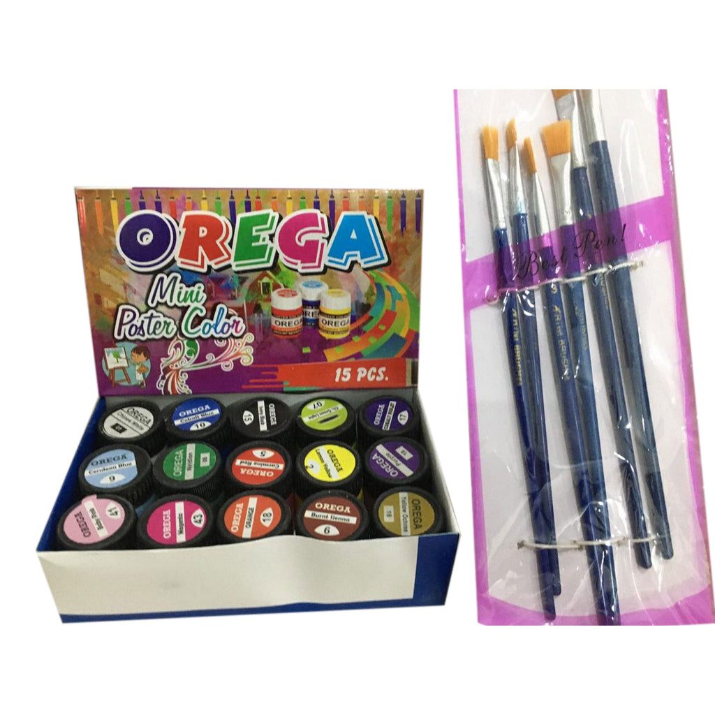 Orega Poster Color with 06 Piece Imported Paint Brush Set - 15 different shades, 15ml bottles each Stationary Item For Girls
