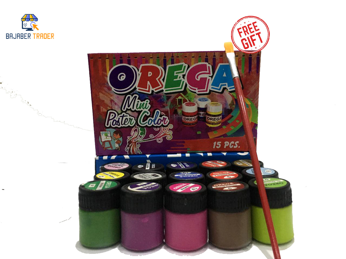 1 box of 15 Orega Poster Color + Free Gift 1 Paint Brush 15 different shades 15ml Each bottles Orega Colors Stationary Item For Girls