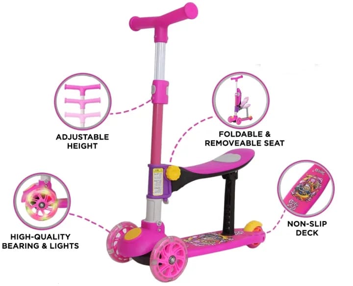 3 Wheel Scooty For Kids LED Light-Up Scooty Foldable, Adjustable Handle Rear Brake Lightweight Heavy Fiber Body Gifts For Toddlers Children Boys Girls