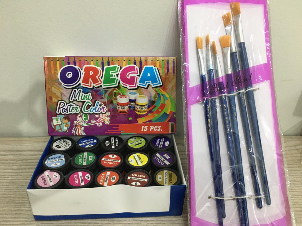 Orega Poster Color with 06 Piece Imported Paint Brush Set - 15 different shades, 15ml bottles each Stationary Item For Girls