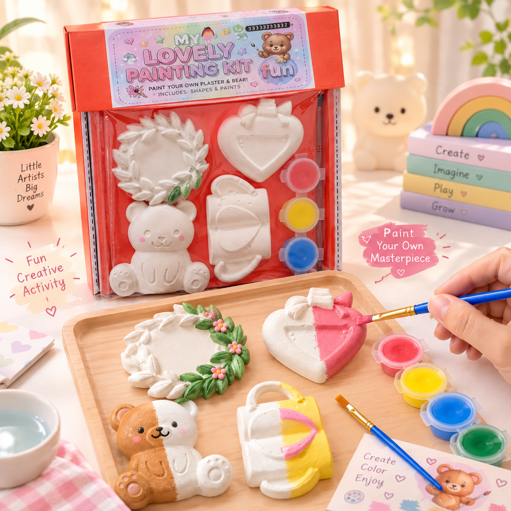 Ceramic Painting Kit For Kids DIY Plaster Painting Kit for Kids – 4 Cute Plaster Figures with Paints & Brush | Art & Craft Activity Set