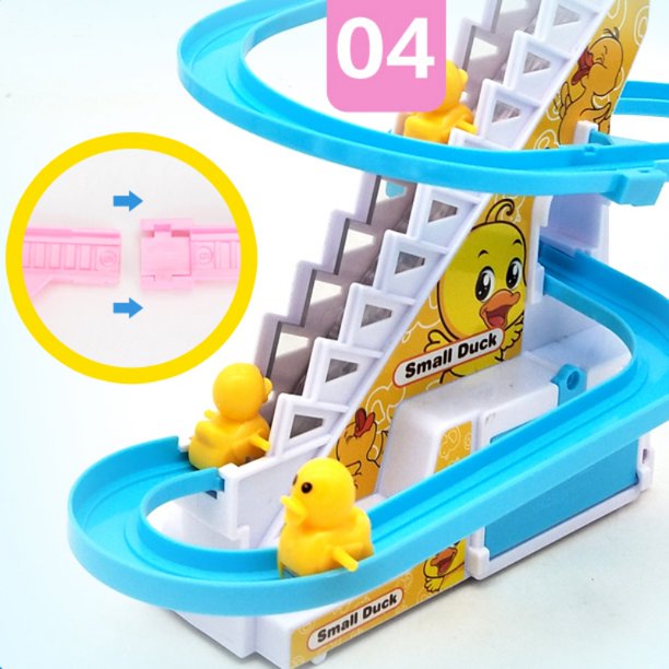 Small Duck Climbing Stairs Toy Electric Ducks Chasing Race Track Game Set, Playful Roller Coaster Toy with 3 Duck LED Flashing Lights & Music Button, Fun Duck Stair Climbing Toy for Toddlers and Kids