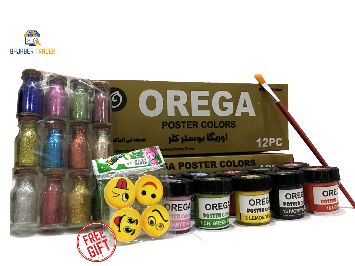 12 Orega Poster Color 12 Pcs Glitter Set  1 Paint Brush  12 different shades 30ml Each bottles Orega Colors Free Gift 4PCS Emoji Smile Face Eraser