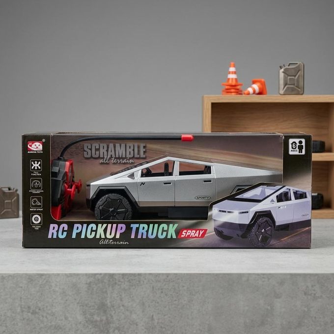 RC Pickup Truck Spray Car with LED Lights & Water Mist | Tesla Cyber Truck Style Remote Control Car | Rechargeable All-Terrain RC Toy Car for Kids (Grey)