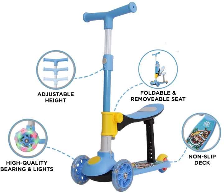 3 Wheel Scooty For Kids LED Light-Up Scooty Foldable, Adjustable Handle Rear Brake Lightweight Heavy Fiber Body Gifts For Toddlers Children Boys Girls