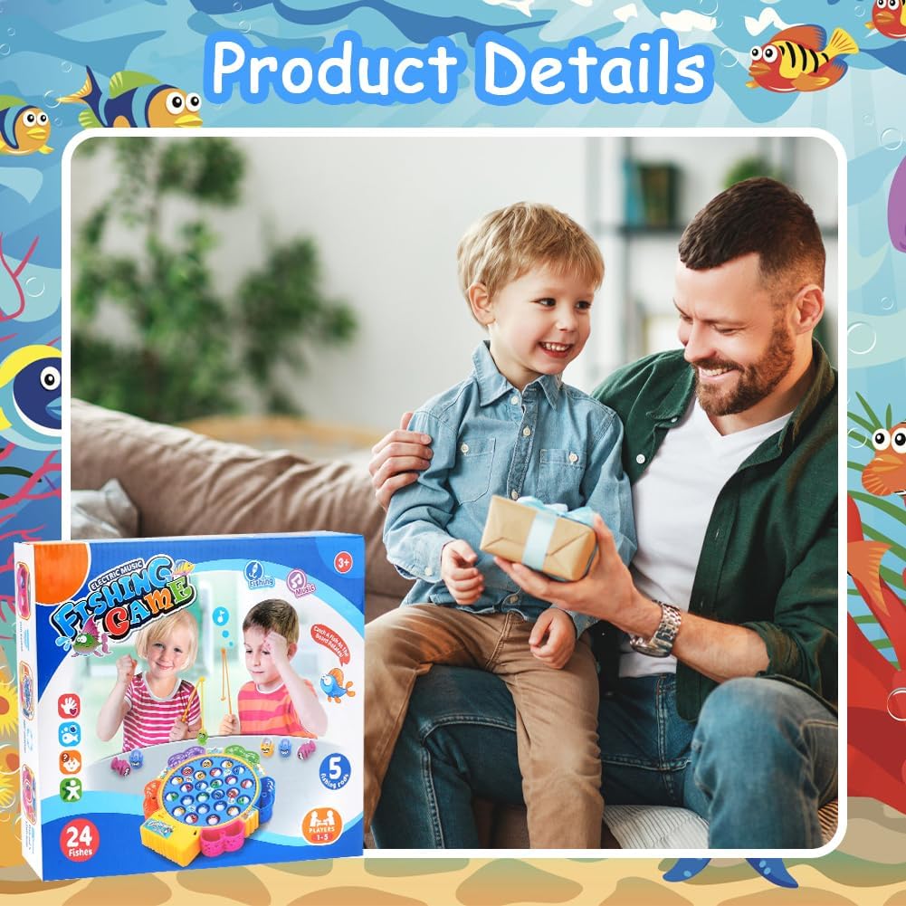 Fishing Game Toy Set with Rotating Board with Music Toys, Fish Game Toy with 15 Pcs  24 Pcs  45 Pcs Fishing Rods Toy Musical Montessori Educational Learning Toys for Boys Girls Children Toddlers