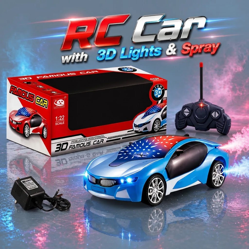 Rechargeable Remote Control High Speed 3D Famous Car with Smoke And 3D Lights Full Functions Turns Left Right Forward And Reverse Wireless Remote High Speed For Kids 1:22 Scale
