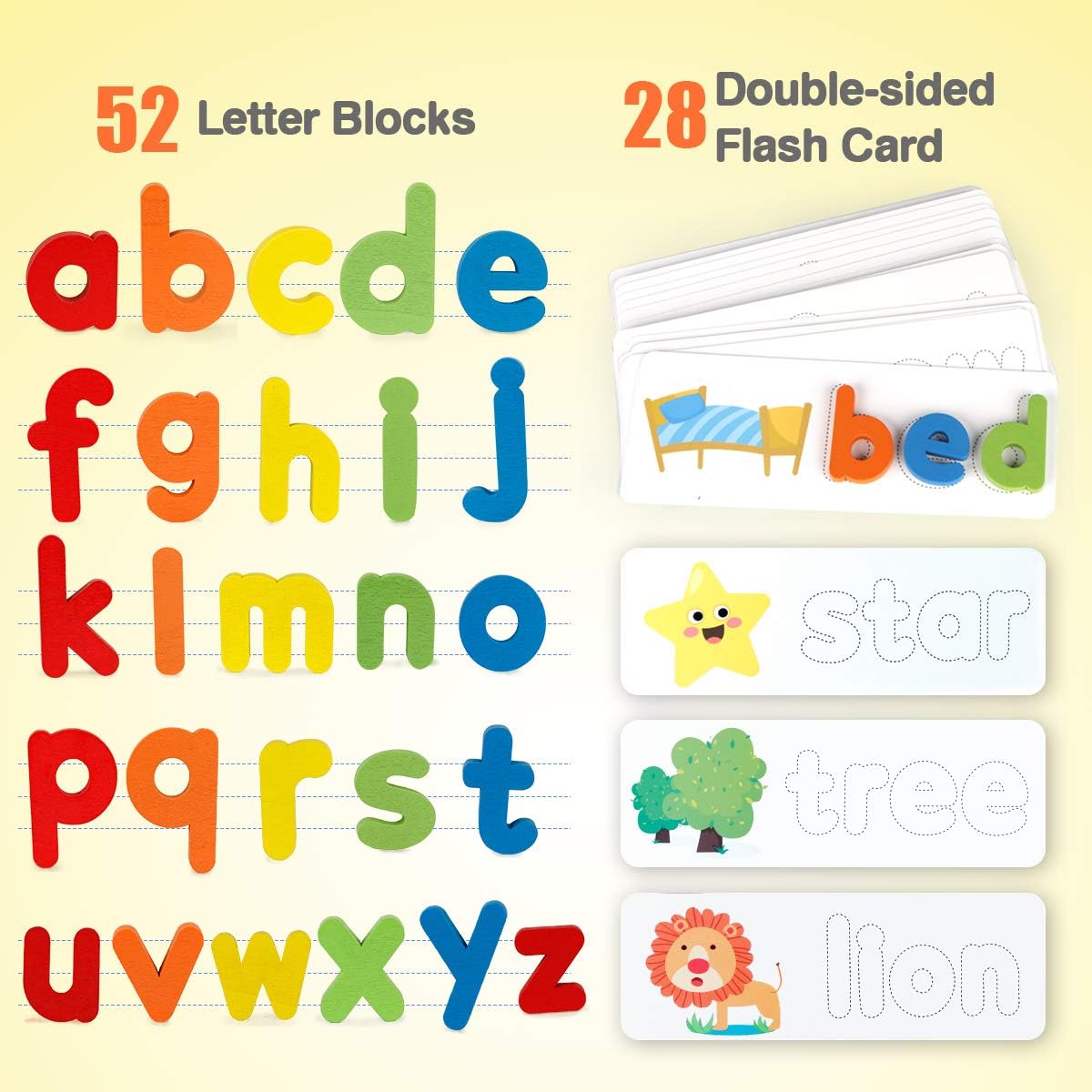 Wooden Alphabet Spelling Learning Toy Wooden Alphabet Flash Cards Matching Sight Words ABC Letters Recognition Game Preschool Educational