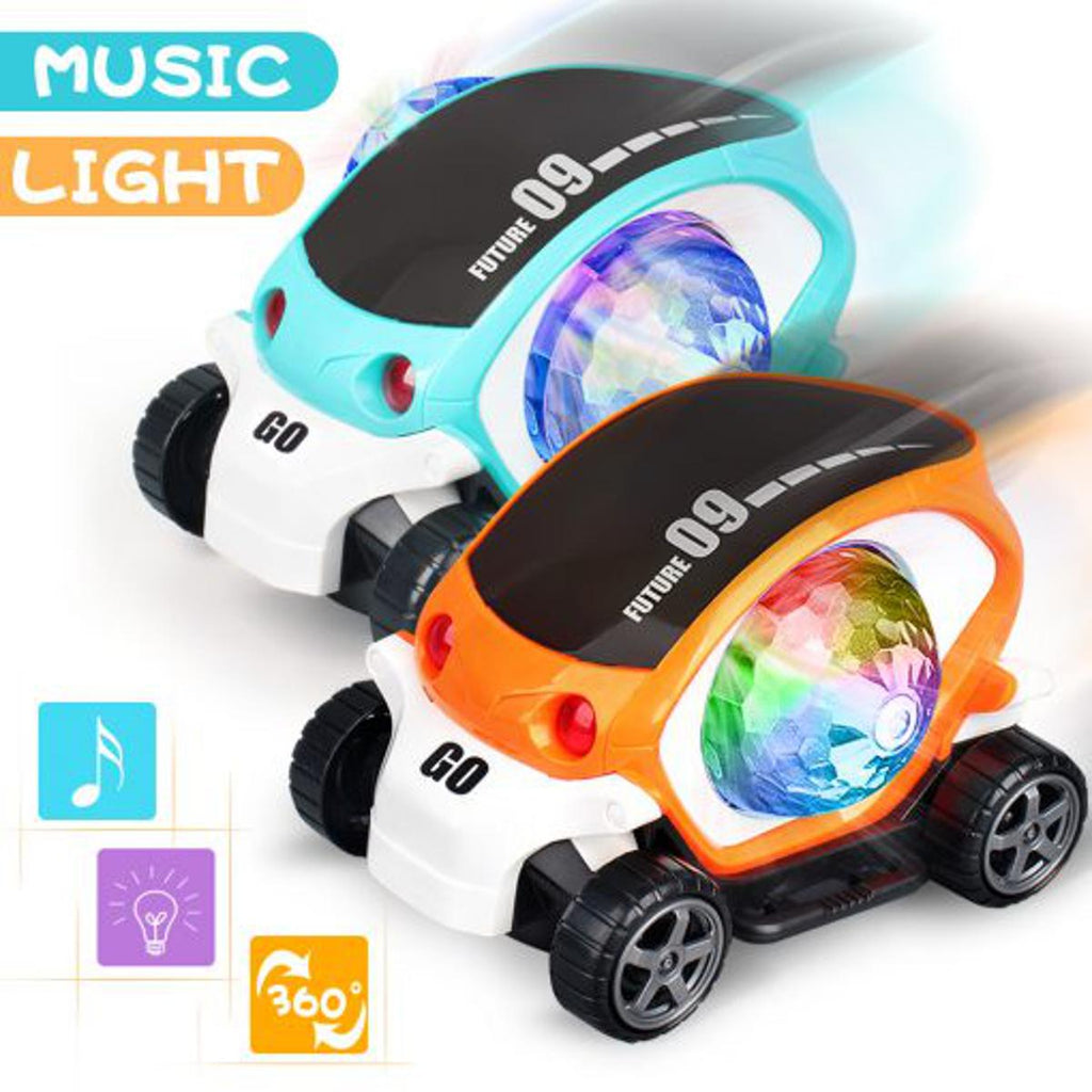 360° Rotating Transparent Toy Car with Flashing LED Lights, Music & Sound – Futuristic Musical Car for Kids Boys and Girls