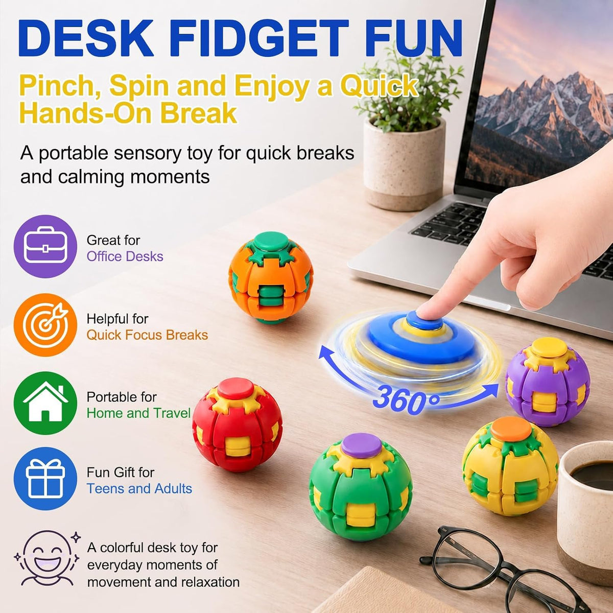 3D Printed Press to Spin Fidget Spinner, 3D Printed Press Fidget Spinner Ball, 360° Rotating Stress Relief Ball Gyro Puzzle, Fidget Toy for Kids & Adults, Magic Ball Spinner Cube Toy Random Color