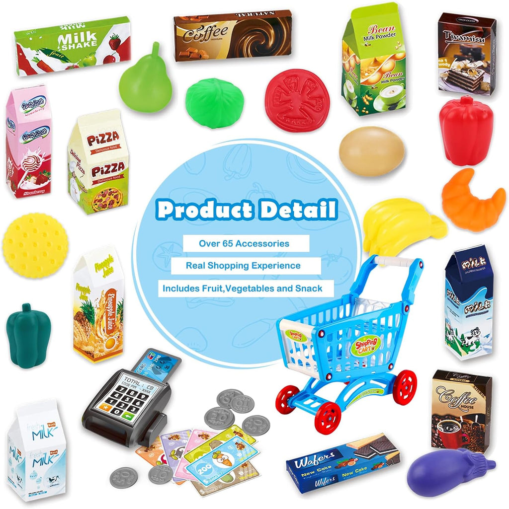 Kids Shopping Cart Trolley Toy Supermarket Playset Cart with Food Fruit Vegetables, Shopping Cards - Pretend to Play Role Play Educational Toy For Kids