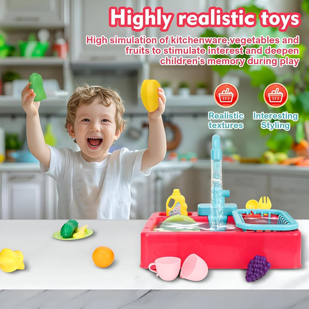 Water Sink Set For Kids Kitchen Toys Plastic Simulation Electric Dishwasher Sink Pretend Play With Electric Automatic Water Circulation Wash Basin Toy