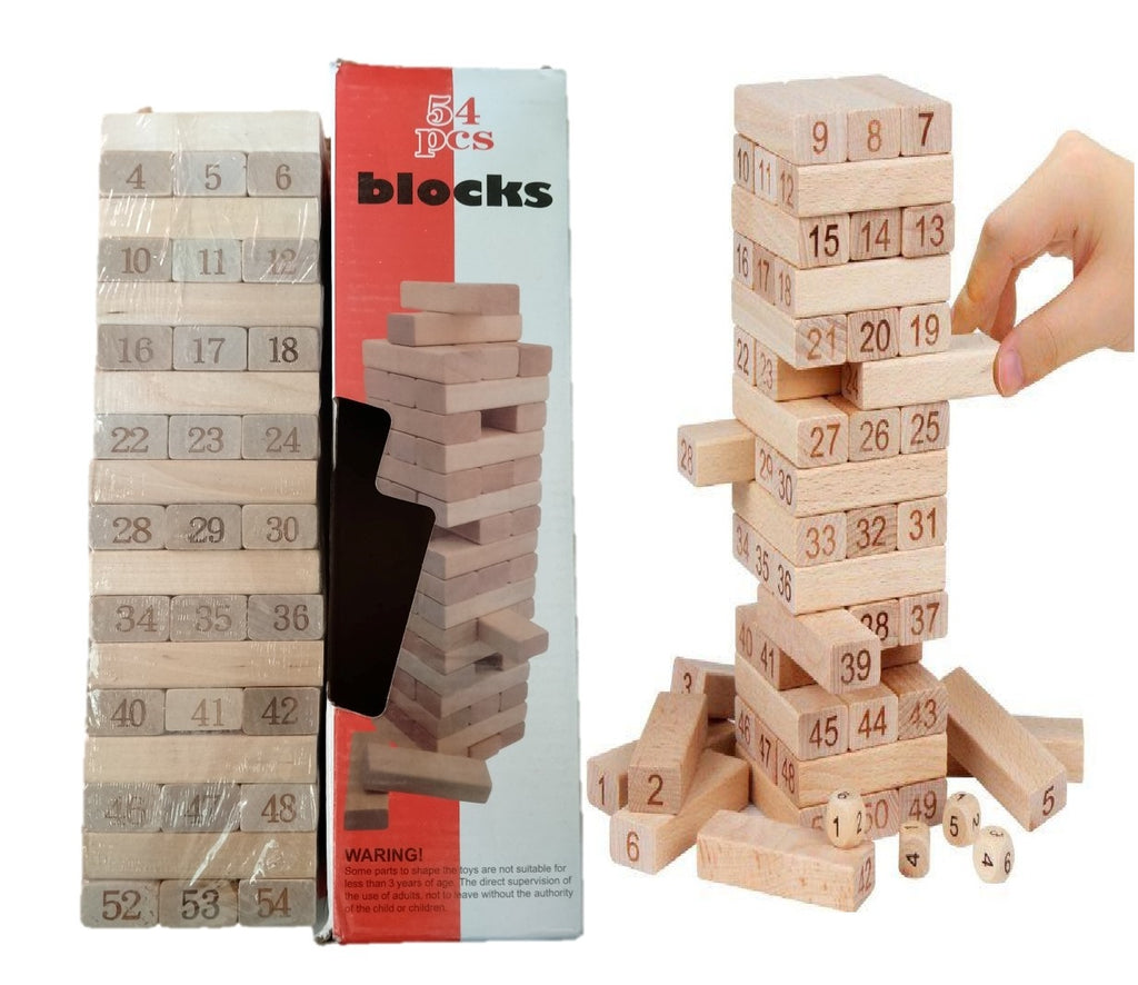 54pcs Jenga Number Wooden Stacking Tower Game for Kids & Adults Stack High Wooden Game With 4 Dice