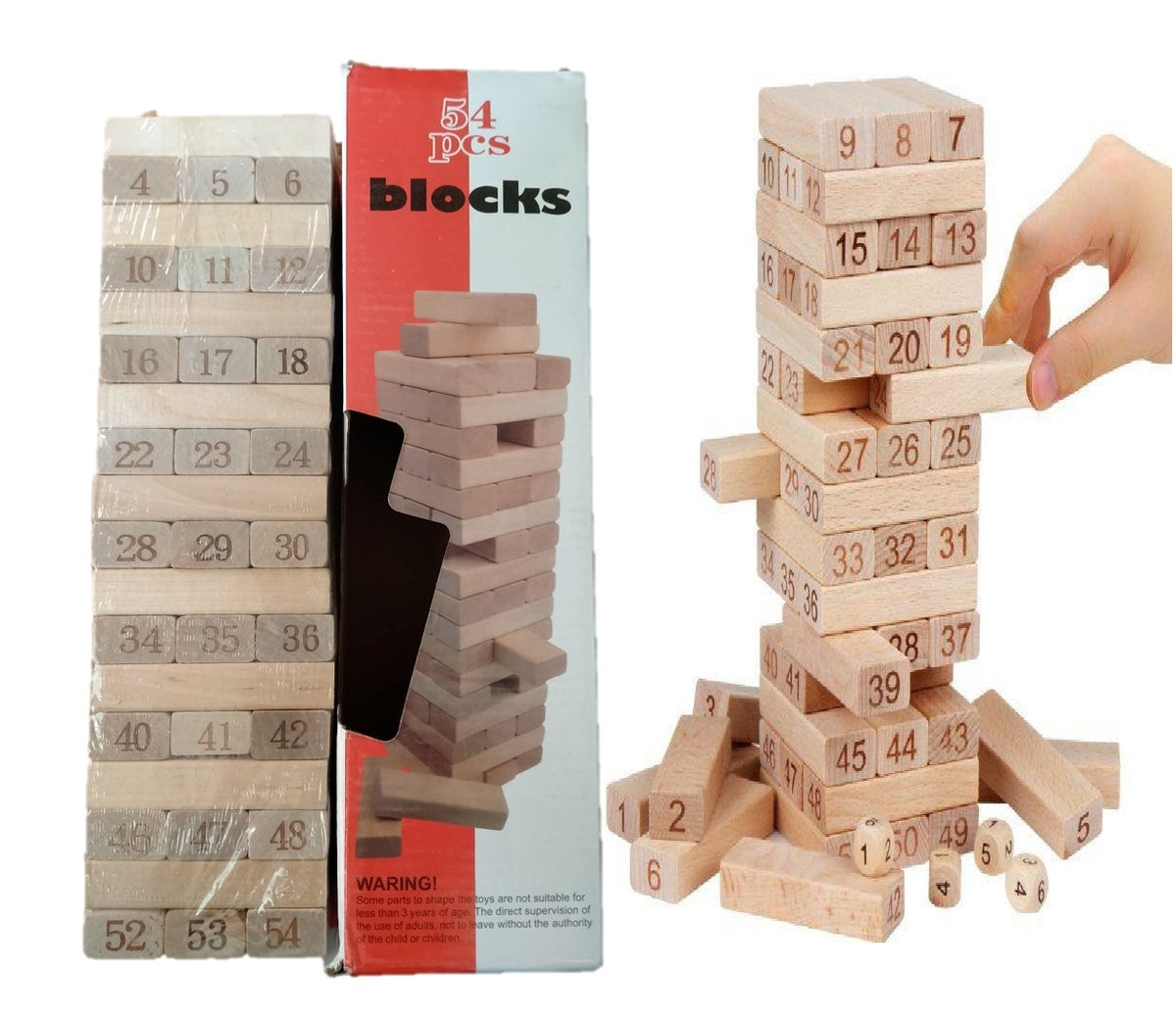 54pcs Jenga Number Wooden Stacking Tower Game for Kids & Adults Stack High Wooden Game With 4 Dice