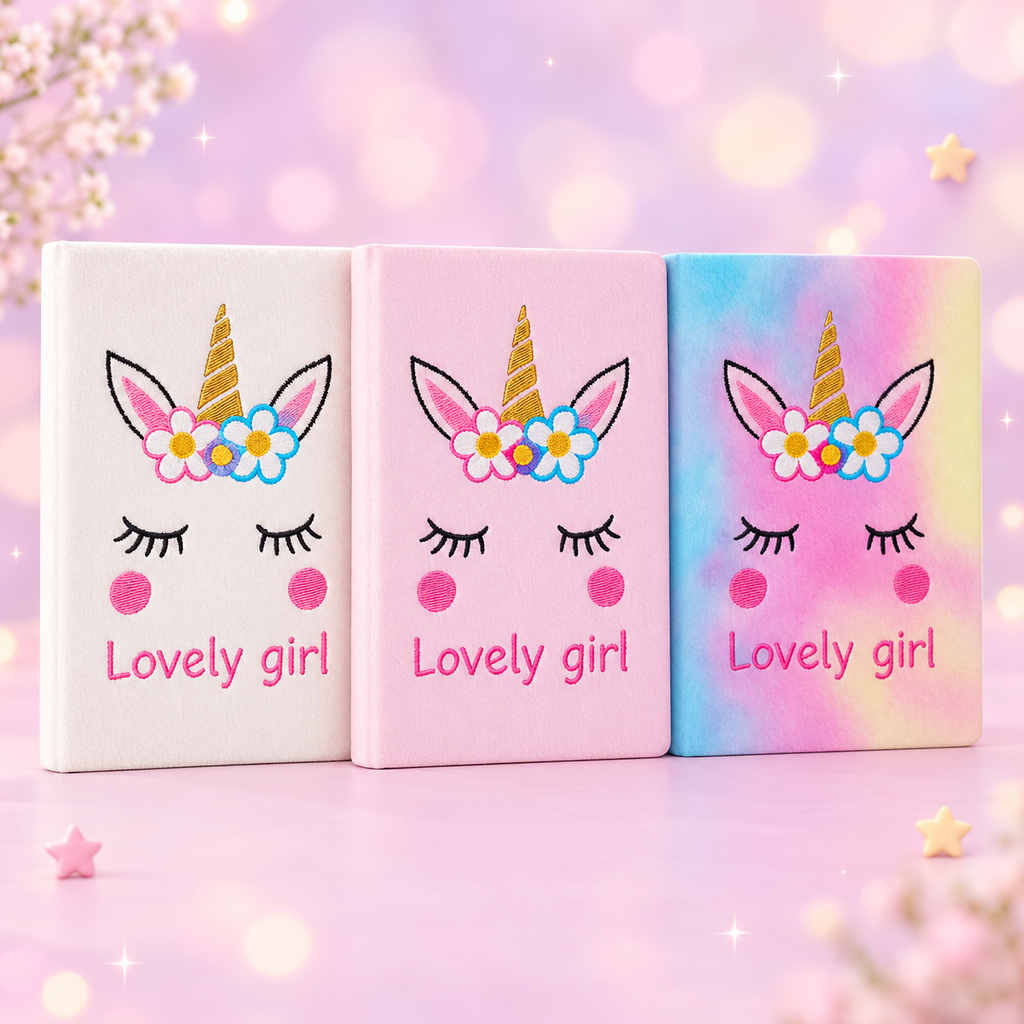 Cute Unicorn Diary for Girls, Embroidered Cover Notebook for Kids, Pastel Color Writing Journal, School Stationery Gift