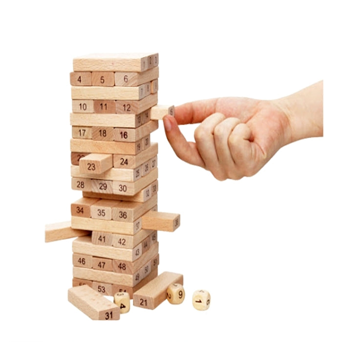 54pcs Jenga Number Wooden Stacking Tower Game for Kids & Adults Stack High Wooden Game With 4 Dice