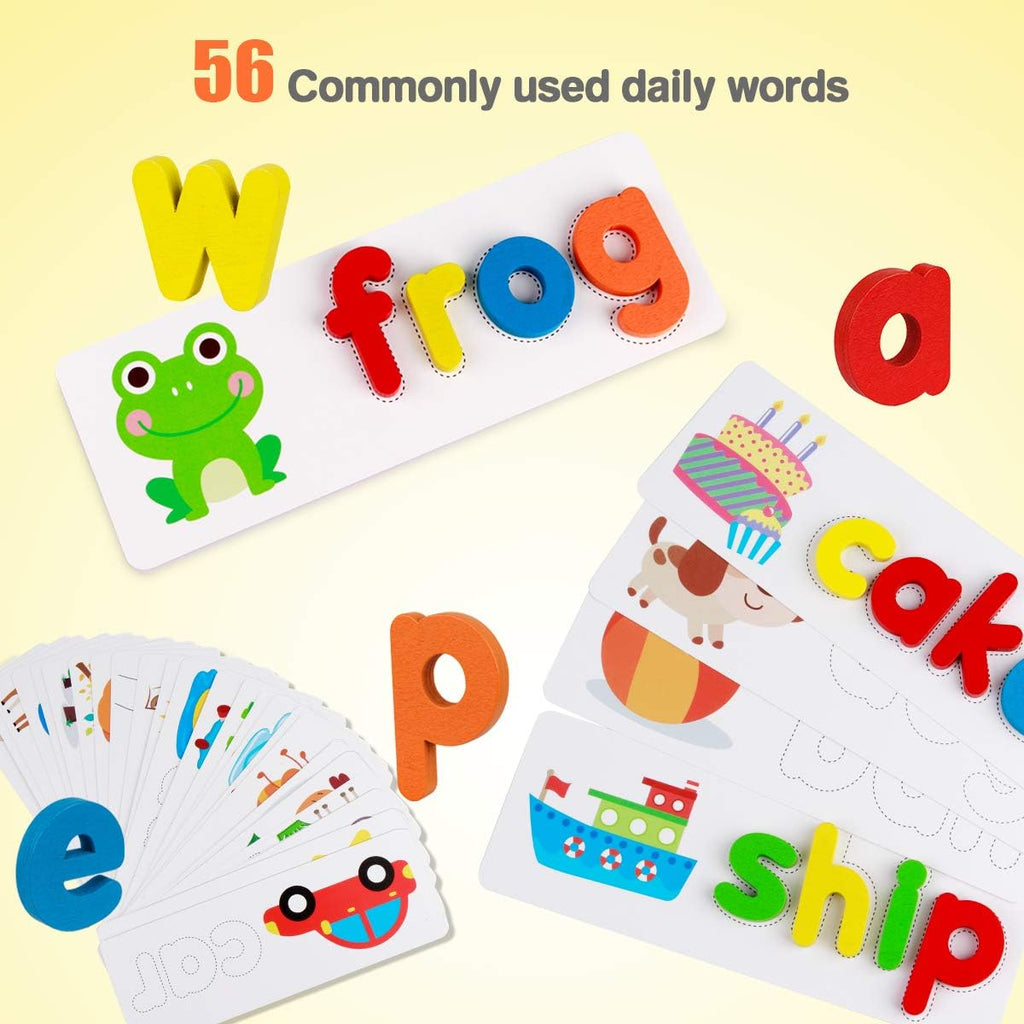 Wooden Alphabet Spelling Learning Toy Wooden Alphabet Flash Cards Matching Sight Words ABC Letters Recognition Game Preschool Educational