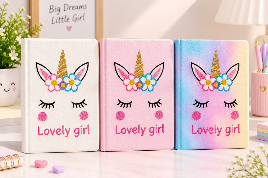 Cute Unicorn Diary for Girls, Embroidered Cover Notebook for Kids, Pastel Color Writing Journal, School Stationery Gift