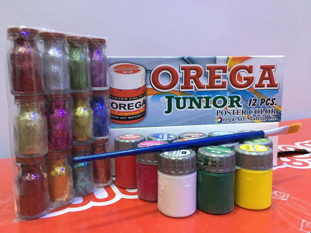 15 Orega Poster Color 12 Pcs Glitter Set  1 Paint Brush  15 different shades 15ml Each bottles Orega Colors Stationary Item For Girls
