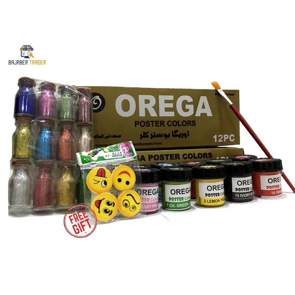 12 Orega Poster Color 12 Pcs Glitter Set  1 Paint Brush  12 different shades 30ml Each bottles Orega Colors Free Gift 4PCS Emoji Smile Face Eraser