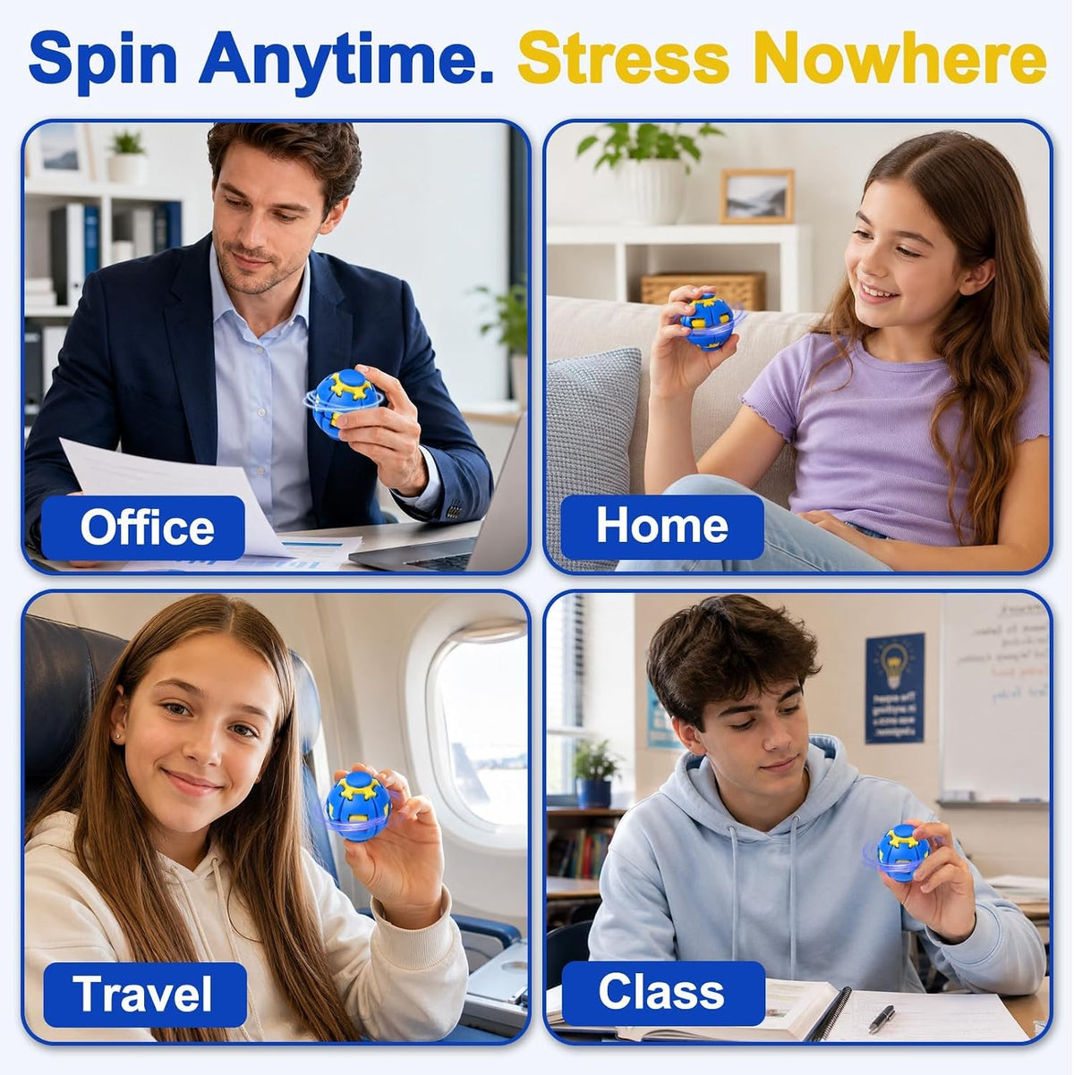 3D Printed Press to Spin Fidget Spinner, 3D Printed Press Fidget Spinner Ball, 360° Rotating Stress Relief Ball Gyro Puzzle, Fidget Toy for Kids & Adults, Magic Ball Spinner Cube Toy Random Color