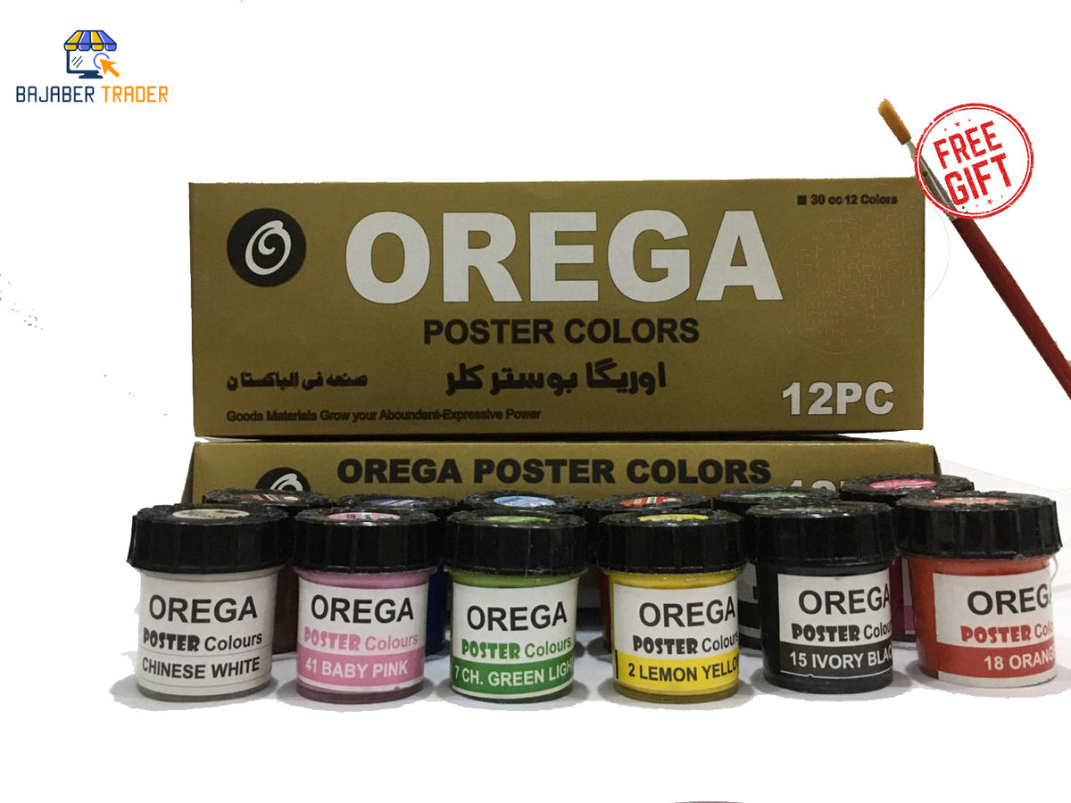 12 Orega Poster Color + Free Gift 1 Paint Brush 12 different shades 50ml Each bottles Orega Colors Premium Quality