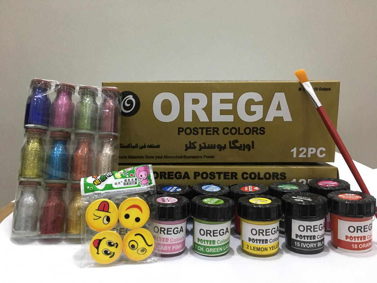12 Orega Poster Color 12 Pcs Glitter Set  1 Paint Brush  12 different shades 30ml Each bottles Orega Colors Free Gift 4PCS Emoji Smile Face Eraser