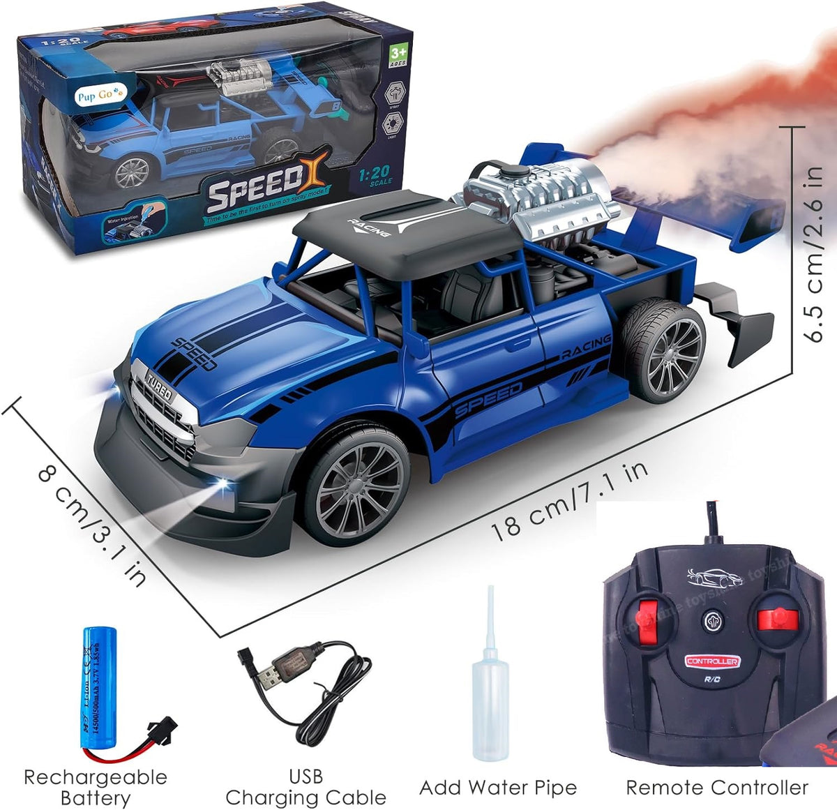 Rc Car Smoke High Speed Smoke Spray Remote Control Light Smoke Spray Emulation Exhaust Car in 1:20 Scale With Rechargeable Battery & Cable 2.4G RC Light Spray Car For Long Range