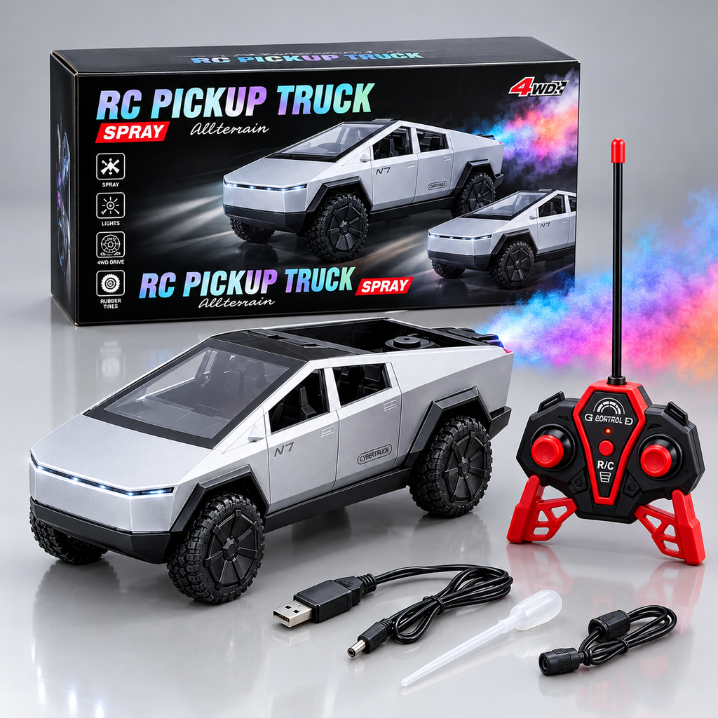 RC Pickup Truck Spray Car with LED Lights & Water Mist | Tesla Cyber Truck Style Remote Control Car | Rechargeable All-Terrain RC Toy Car for Kids (Grey)