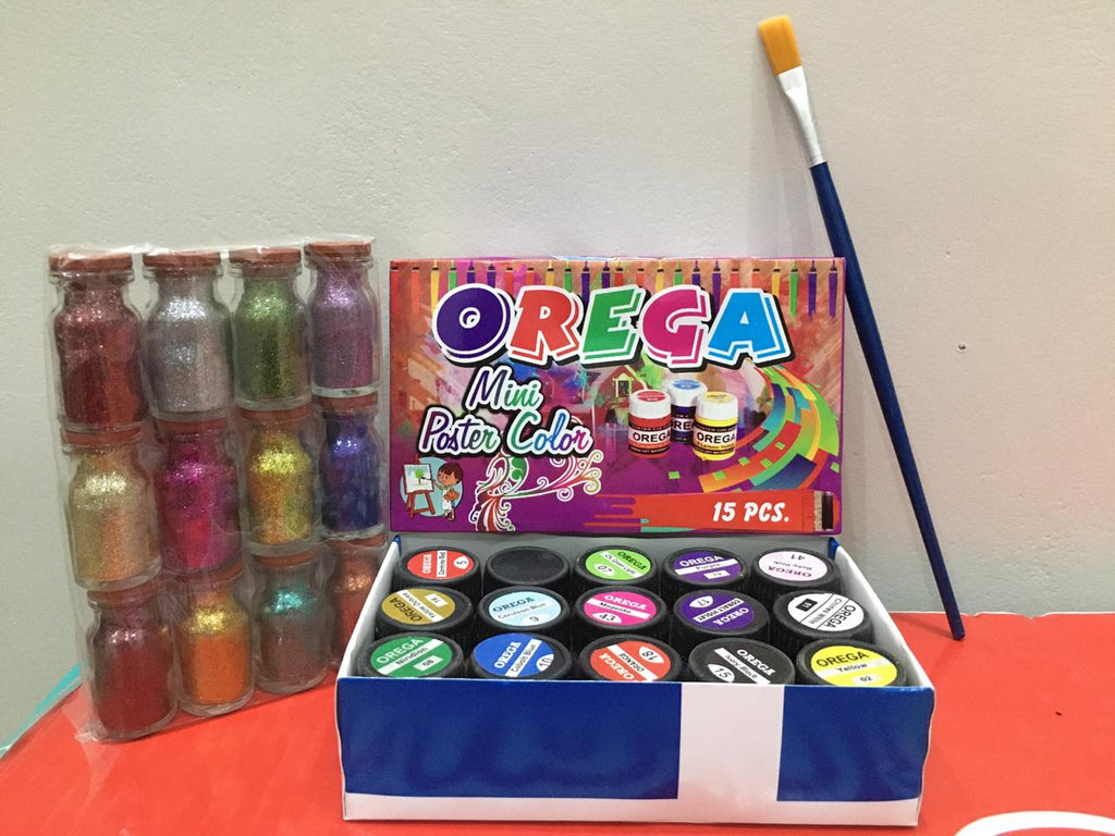 15 Orega Poster Color 12 Pcs Glitter Set  1 Paint Brush  15 different shades 15ml Each bottles Orega Colors Stationary Item For Girls