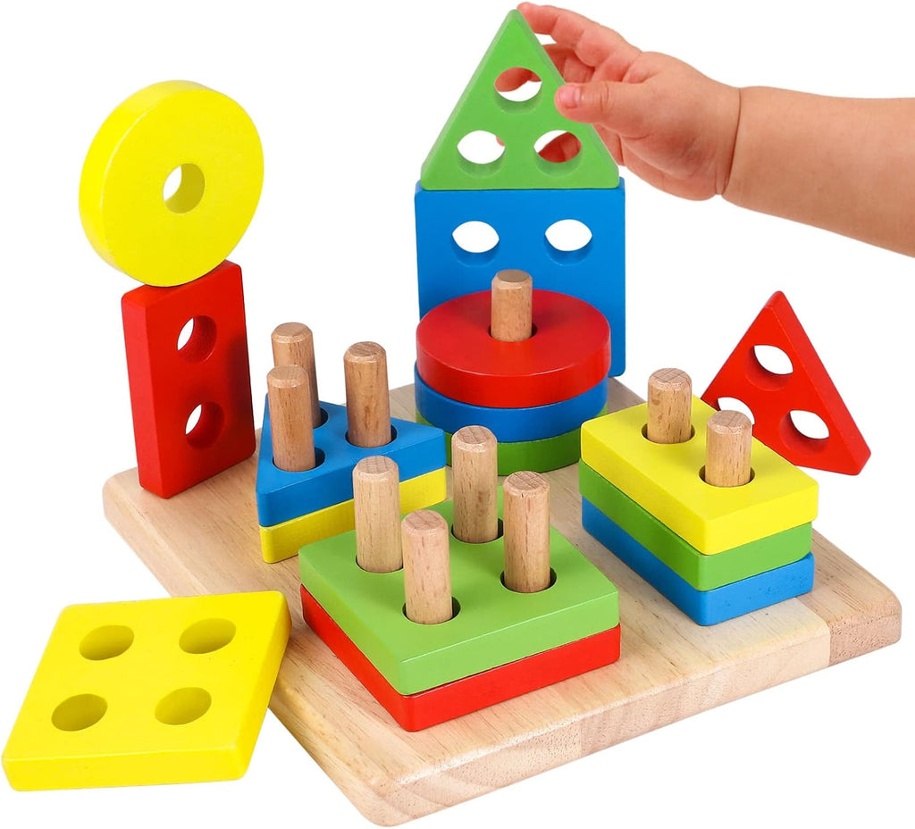 wooden shapes for kids Wooden Puzzle Toddler Toys Shapes Sorter Preschool Geometric Blocks Stacking Games for Kids Geometric Shape Sorter Wooden Puzzles Teaching Geometric Shape Cognitive Matching