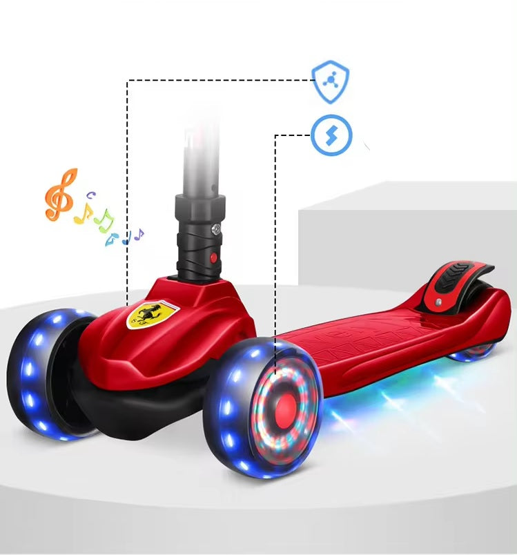 Ferrari Scooty For Kids 3 Wheel Foldable Adjustable Scooter With LED Lights Ferrari Kickboard Heavy Duty For 3to12 Years Kids