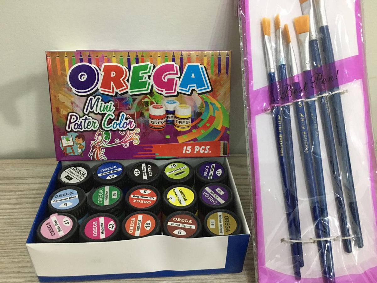 Orega Poster Color with 06 Piece Imported Paint Brush Set - 15 different shades, 15ml bottles each Stationary Item For Girls