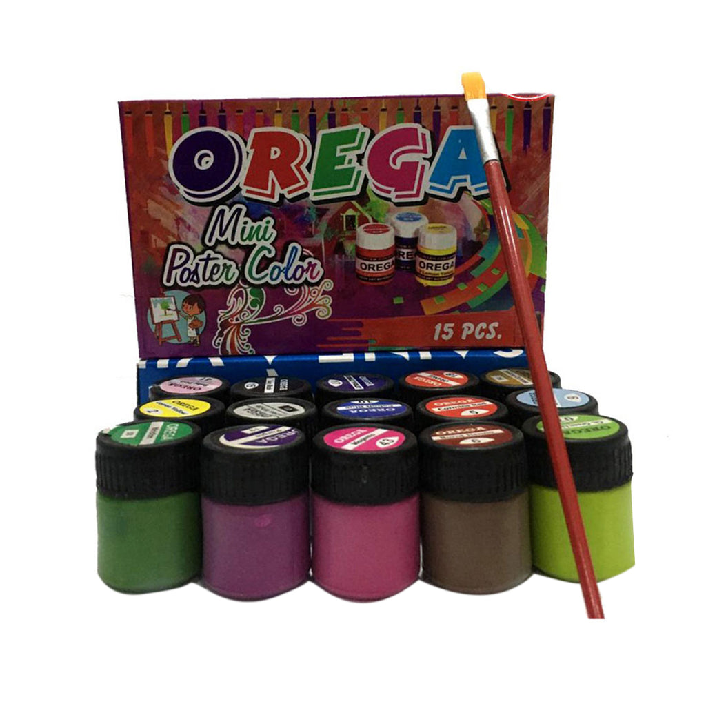 1 box of 15 Orega Poster Color + Free Gift 1 Paint Brush 15 different shades 15ml Each bottles Orega Colors Stationary Item For Girls