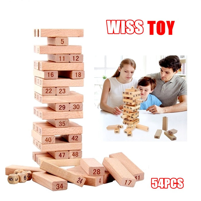 54pcs Jenga Number Wooden Stacking Tower Game for Kids & Adults Stack High Wooden Game With 4 Dice