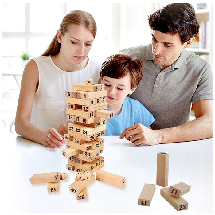 54pcs Jenga Number Wooden Stacking Tower Game for Kids & Adults Stack High Wooden Game With 4 Dice