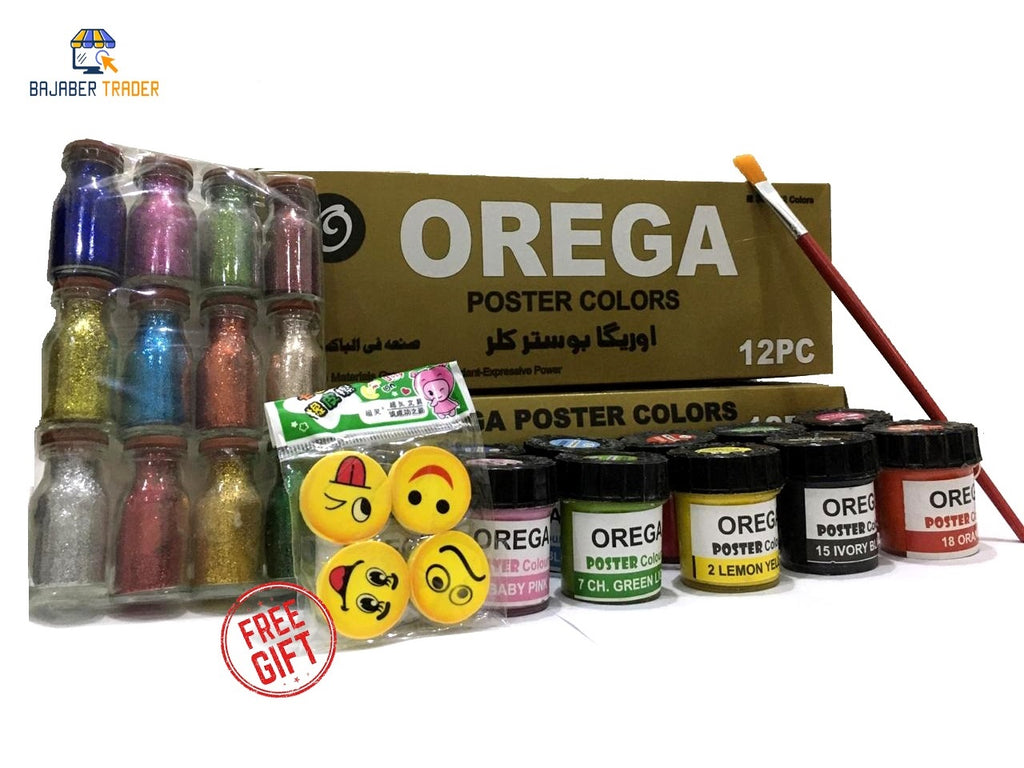 12 Orega Poster Color 12 Pcs Glitter Set  1 Paint Brush  12 different shades 30ml Each bottles Orega Colors Free Gift 4PCS Emoji Smile Face Eraser
