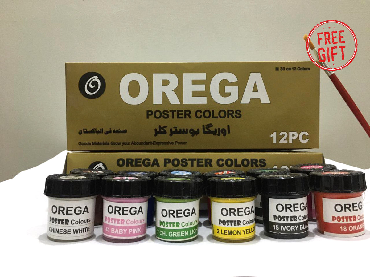 12 Orega Poster Color + Free Gift 1 Paint Brush 12 different shades 50ml Each bottles Orega Colors Premium Quality