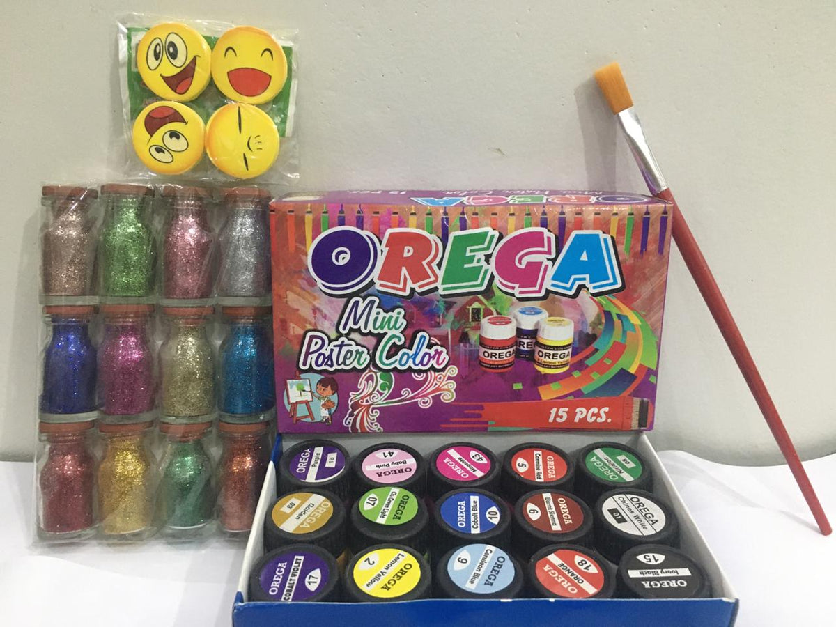 15 Orega Poster Color 12 Pcs Glitter Set  1 Paint Brush  15 different shades 15ml Each bottles Orega Colors Stationary Item For Girls